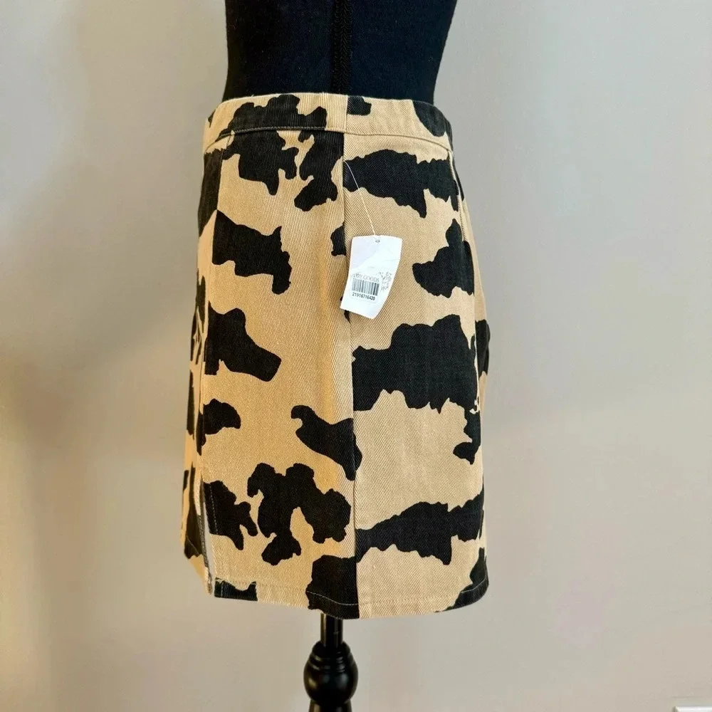 Le Lis Cow Print Denim Mini Skirt Tan Black Western‎ Country Concert NWT B19